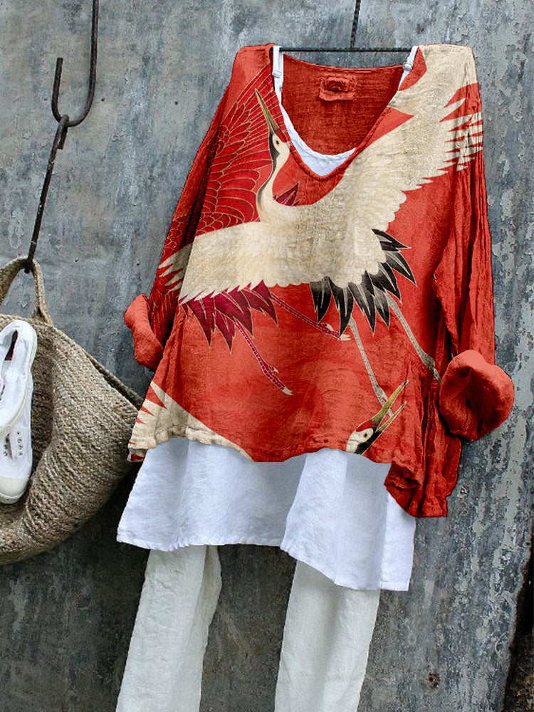 Flying Cranes Japanese Art Linen Blend Cozy Tunic elevenforest