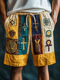 Ancient Egyptian Ankh Cross Embroidered Linen Shorts elevenforest