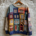 Colorful Street Building Patchwork Cozy Knit Sweater elevenforest