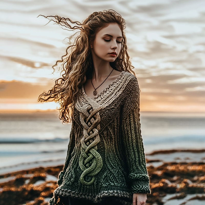 Women's Irish Green Pattern Jacquard Cozy V-neck Sweater elevenforest