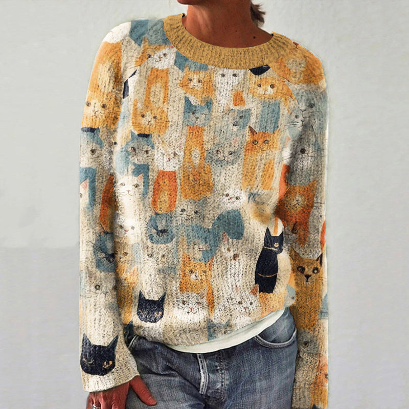Women's Colorful Cute Cat Graphic Cozy Sweater elevenforest