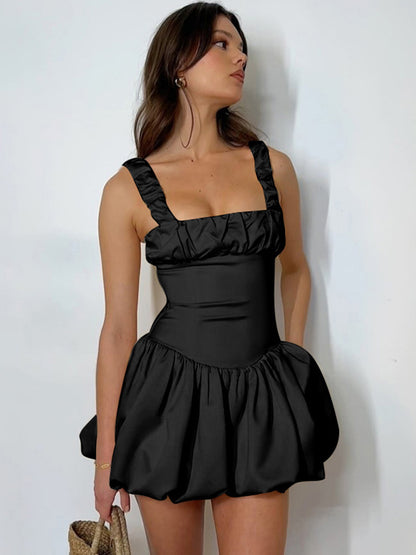 Tossy New Suspender Short Dress for Folds Patchwork Sleeveless Princess Birthday Party Ball Gown Mini Dress