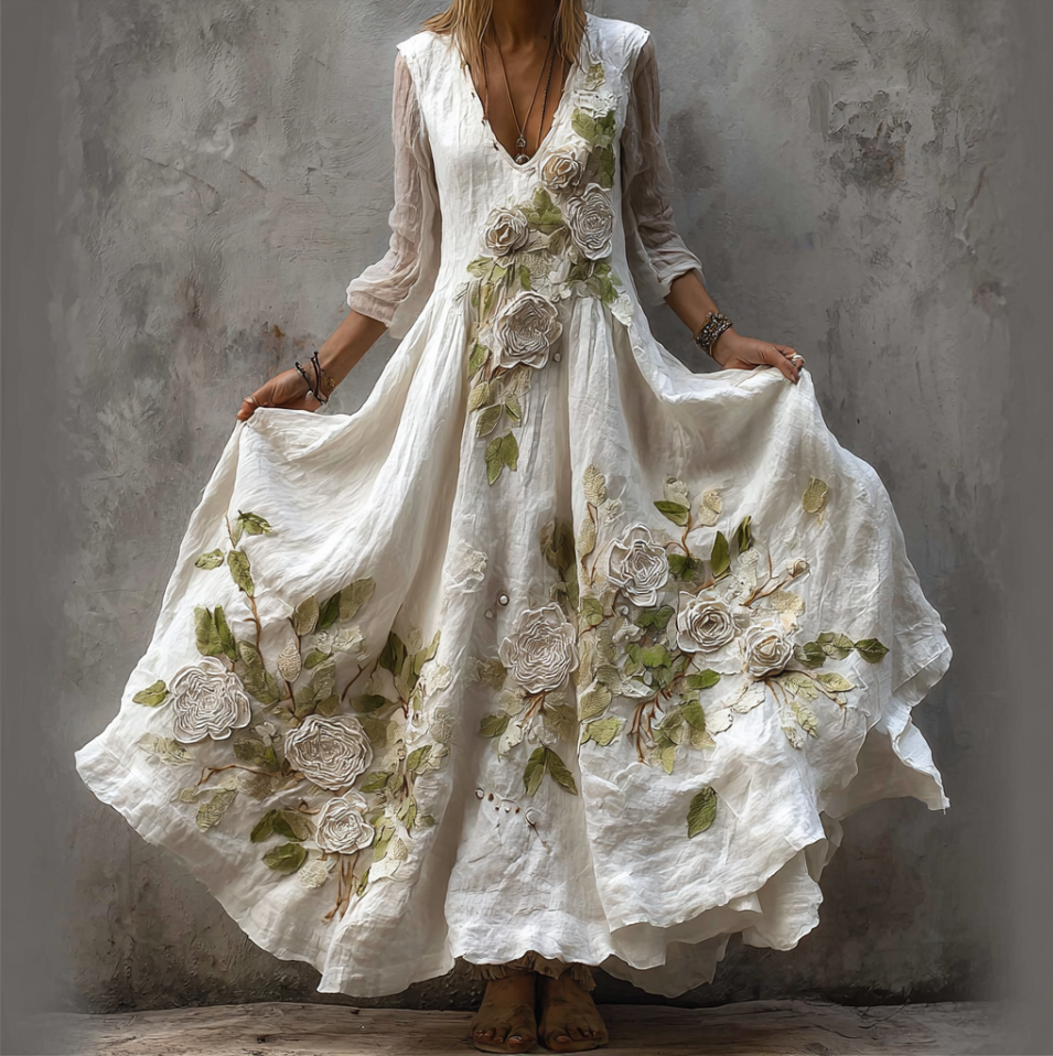Bohemian Style 3d White Rose Embroidery Relief Female Retro Linen Dress elevenforest