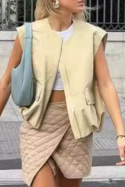 Street Color Pocket Zipper O Neck Waistcoats