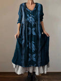Women's Sea Turtle Art Print V-Neck Button Pocket Cotton Dress