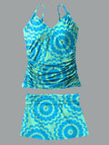 Sea Blue Vintage Flower V-Neck Vintage Flowers Print Suspender Skirt Tankini Pantskirt Set Swimsuit