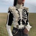 Comstylish Women's Vintage Skeleton & Rose Art Cozy High Neck Sweater
