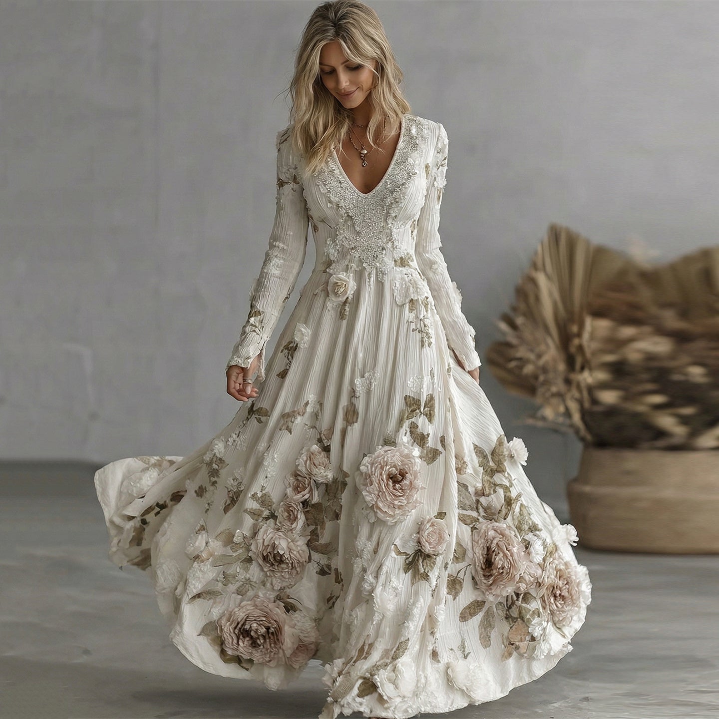 Women's Vintage Boho Pink Rose Floral  Sequins Art Flowy Maxi Dress elevenforest