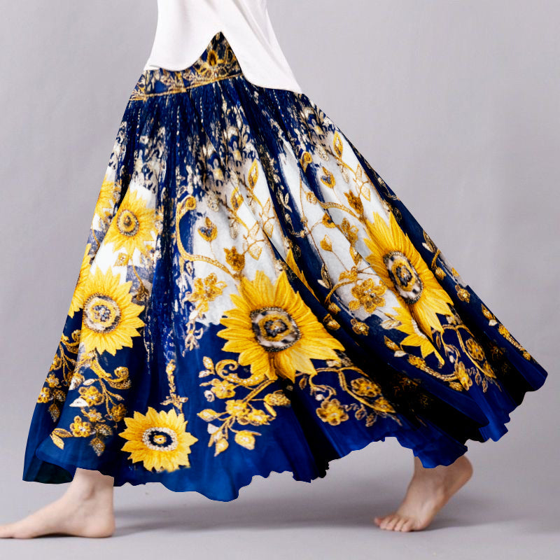 Vintage Sunflower With Gold Ethnic Embroidered Pattern Flowy Wide Skirt elevenforest