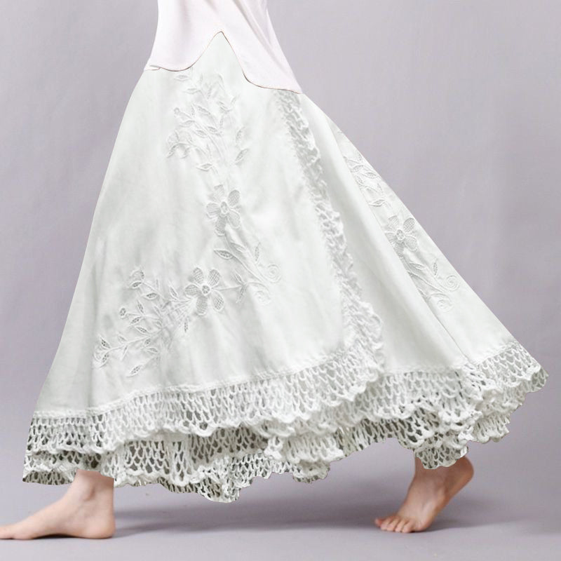 Vintage Floral Lace Embroidery Art Flowy Wide Skirt elevenforest