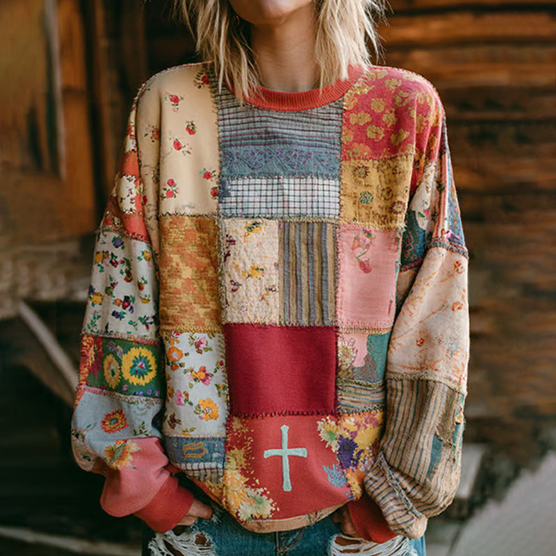 Women's Cross Floral Patchwork Art Cozy Sweatshirt elevenforest