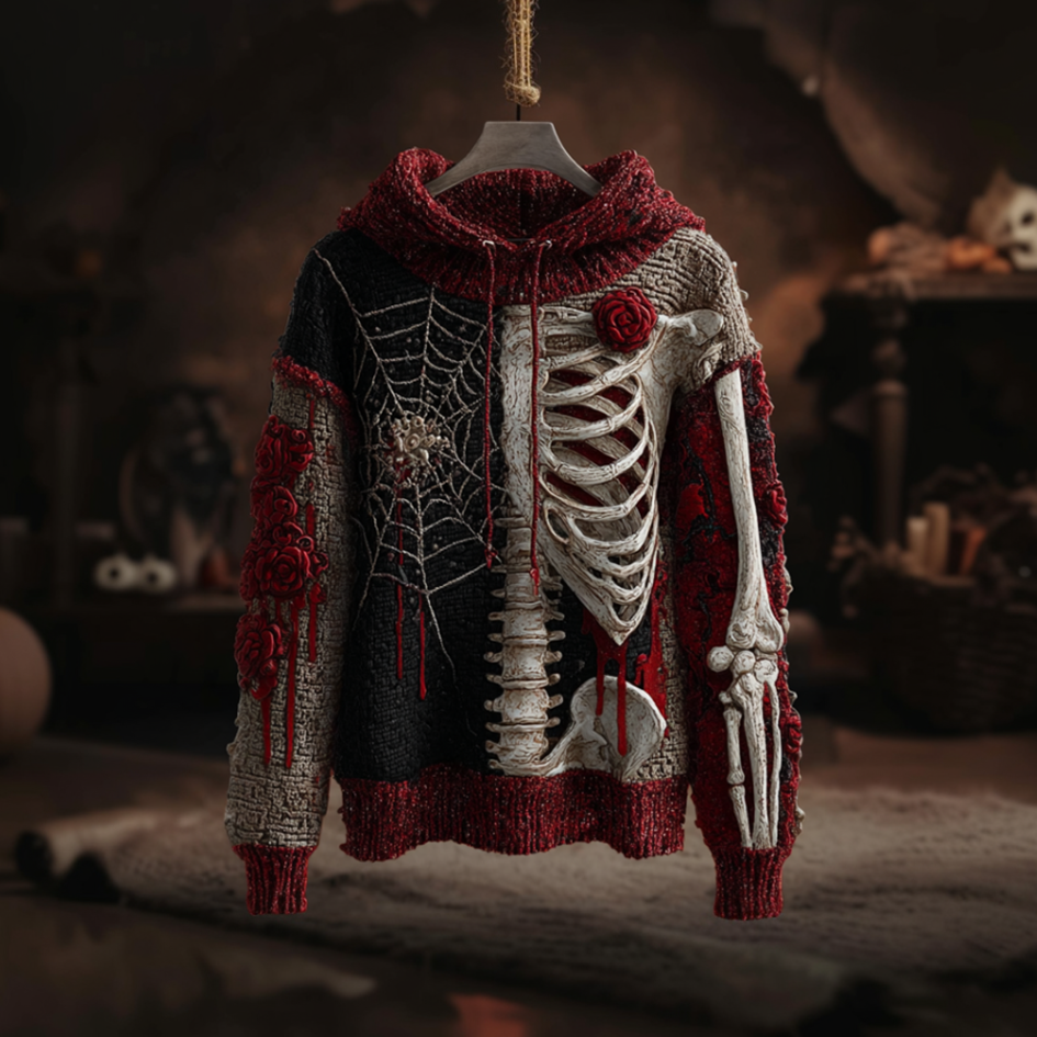 Halloween Spider And Skeleton Skeleton Design Men's Hooded Knit Sweater artswardrobe