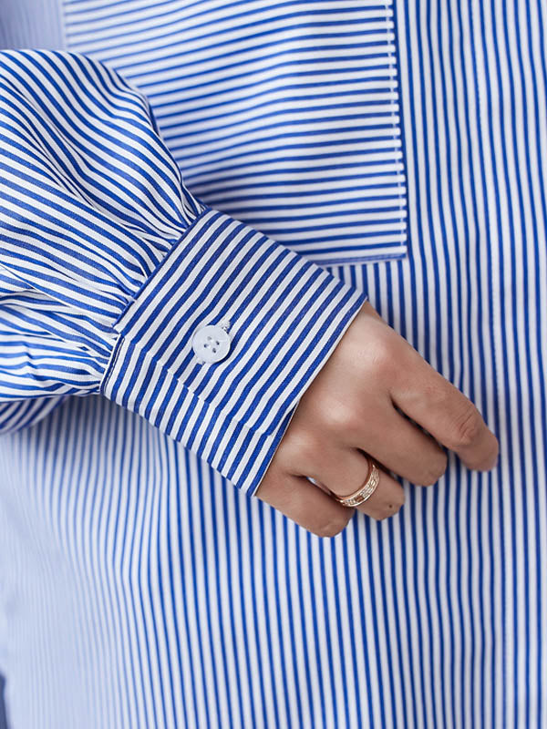 Loose Striped Split-joint With Pocket Lapel Collar Long Sleeves Blouse
