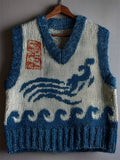 Japanese Sea Waves Lino Art Contrast Cozy Knit Vest elevenforest