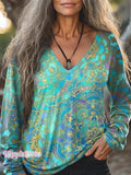 Women's Vintage Ethnic Totem Art Print Casual V-neck Long Sleeve Cotto