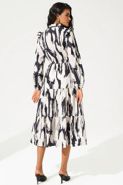 Printed Long Sleeve Crew Collar Lace Up Midi Dress