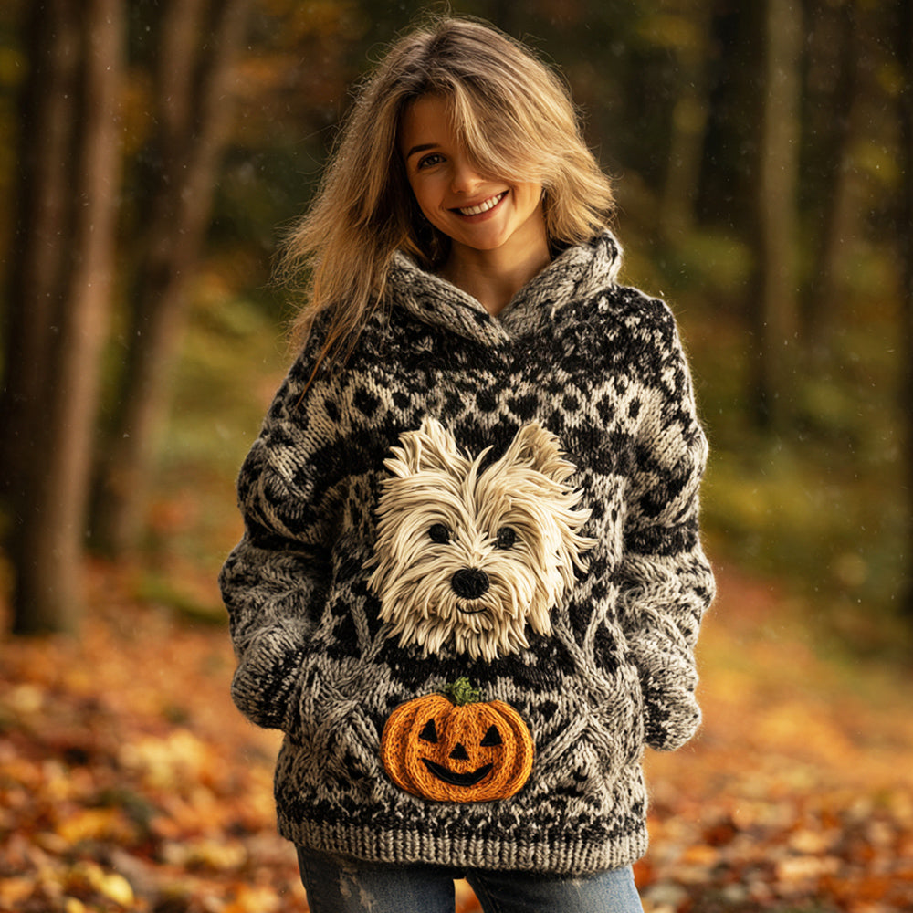 Comstylish Halloween Plush Pet Dog & Pumpkin Lights Women's Chunky Knit Hooded Sweater