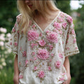 Bohemian-style Sleeping Beauty Embroidered Pink Rose With Green Leaves And Branches, Sequined V-neck Short-sleeved Top elevenforest