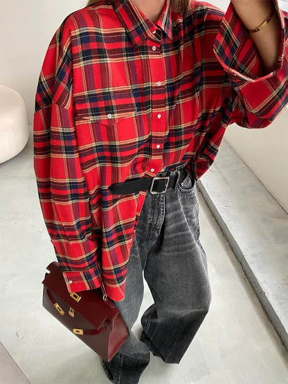 Bright Gingham Shirts for Street Style Shacket Blouses and Tops Single-breasted Autumn