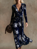 Elegant vintage print V-neck velvet maxi dress