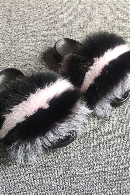 Black Mixed Pink Fox Full-pelt Fur Sliders Df003