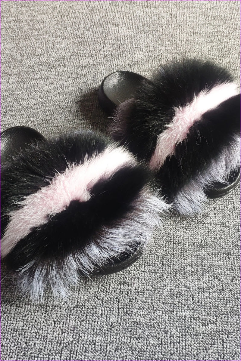 Black Mixed Pink Fox Full-pelt Fur Sliders Df003
