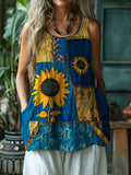 Ethnic Sunflowers Embroidered Patchwork Linen Tank Top elevenforest
