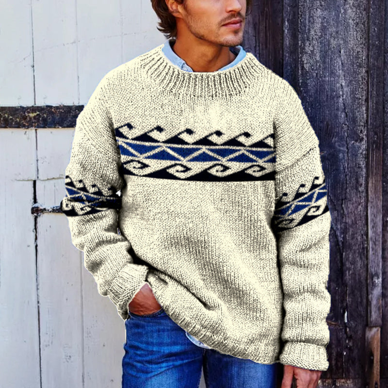 Vintage Beige Surf Jacquard Crew Neck Sweater elevenforest