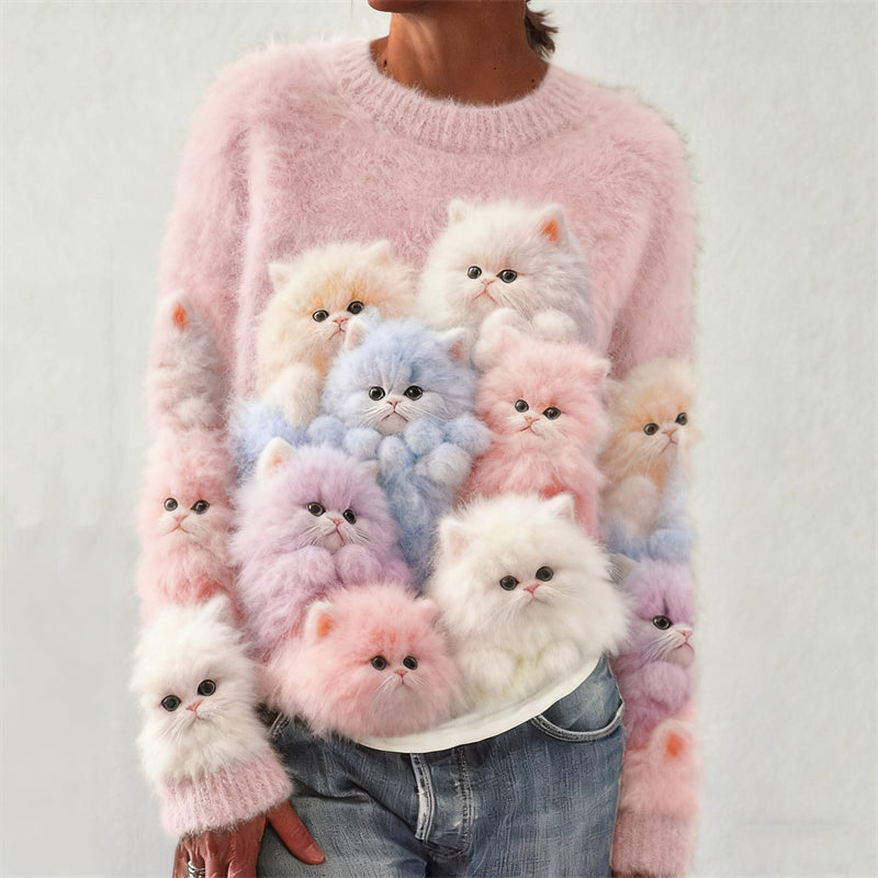 Comstylish Lovely Fuzzy Colorful Cats Cozy Knit Sweater