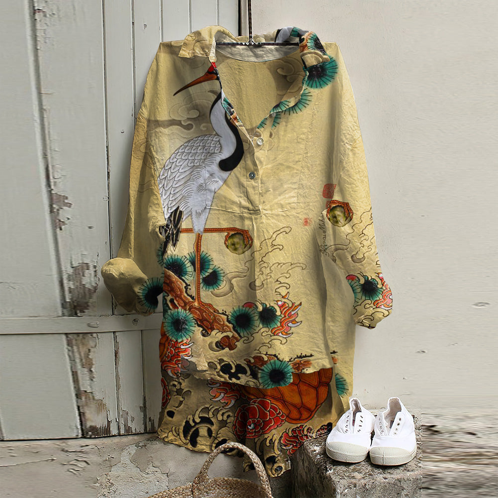 Casual Cotton And Linen Crane Pattern Irregular Women's Shirt elevenforest