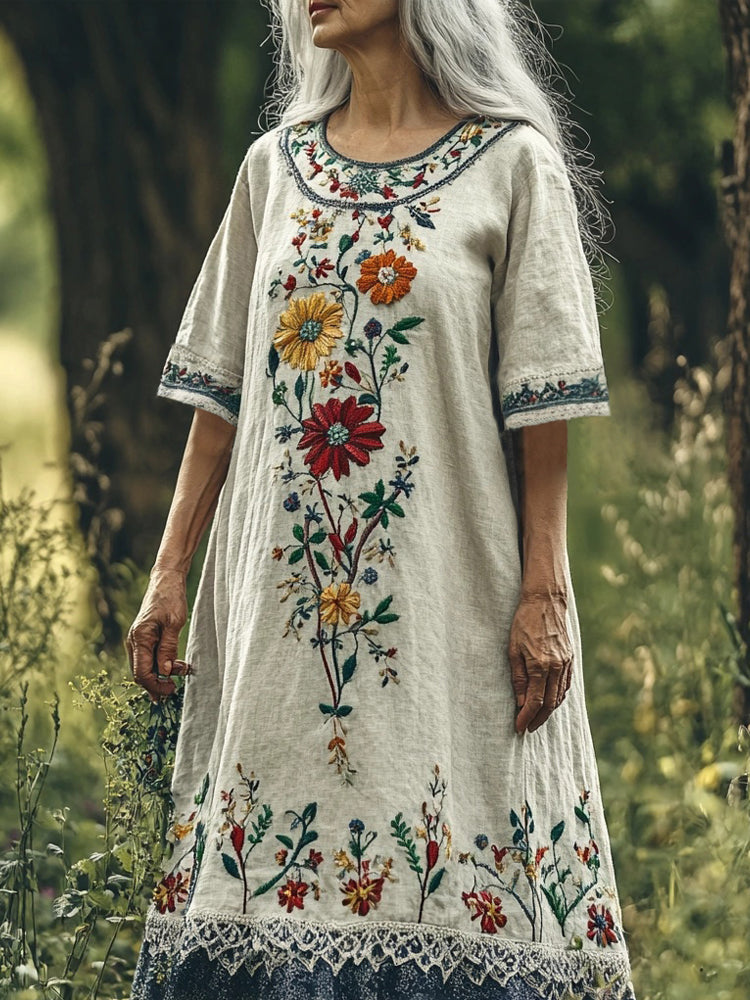 Vintage Floral Embroidery Women's Linen Short Sleeve Maxi Dress elevenforest