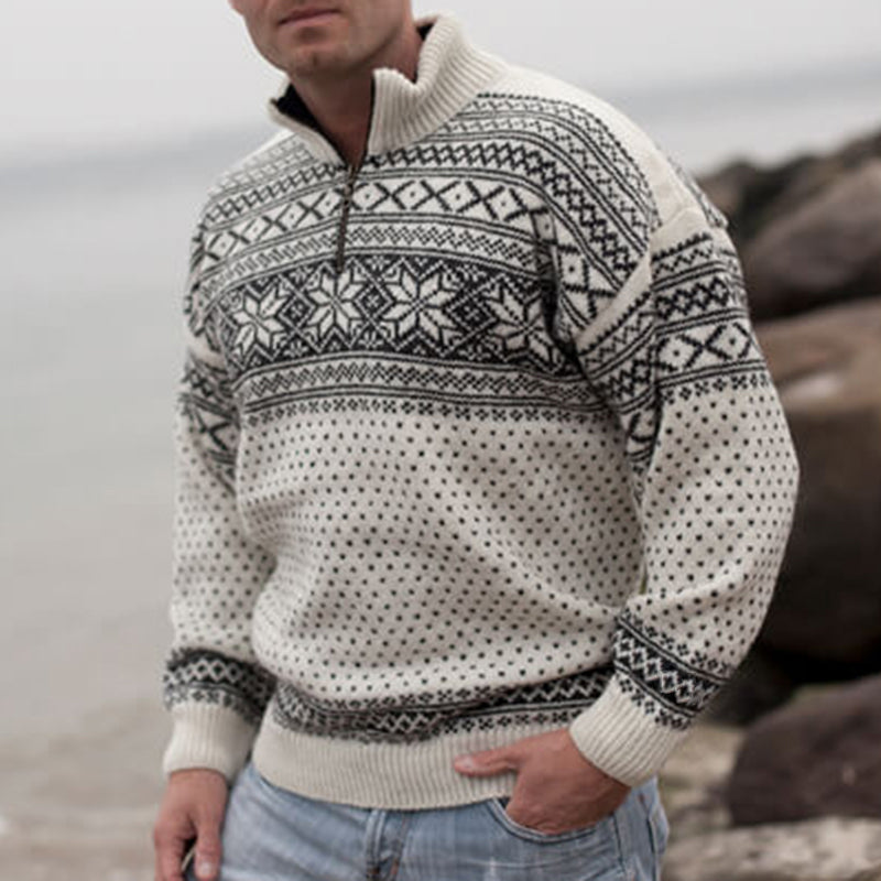 Vintage Warmth Norwool Knit Jacquard Icelandic Half Zip Collar Sweater（Unisex ） elevenforest