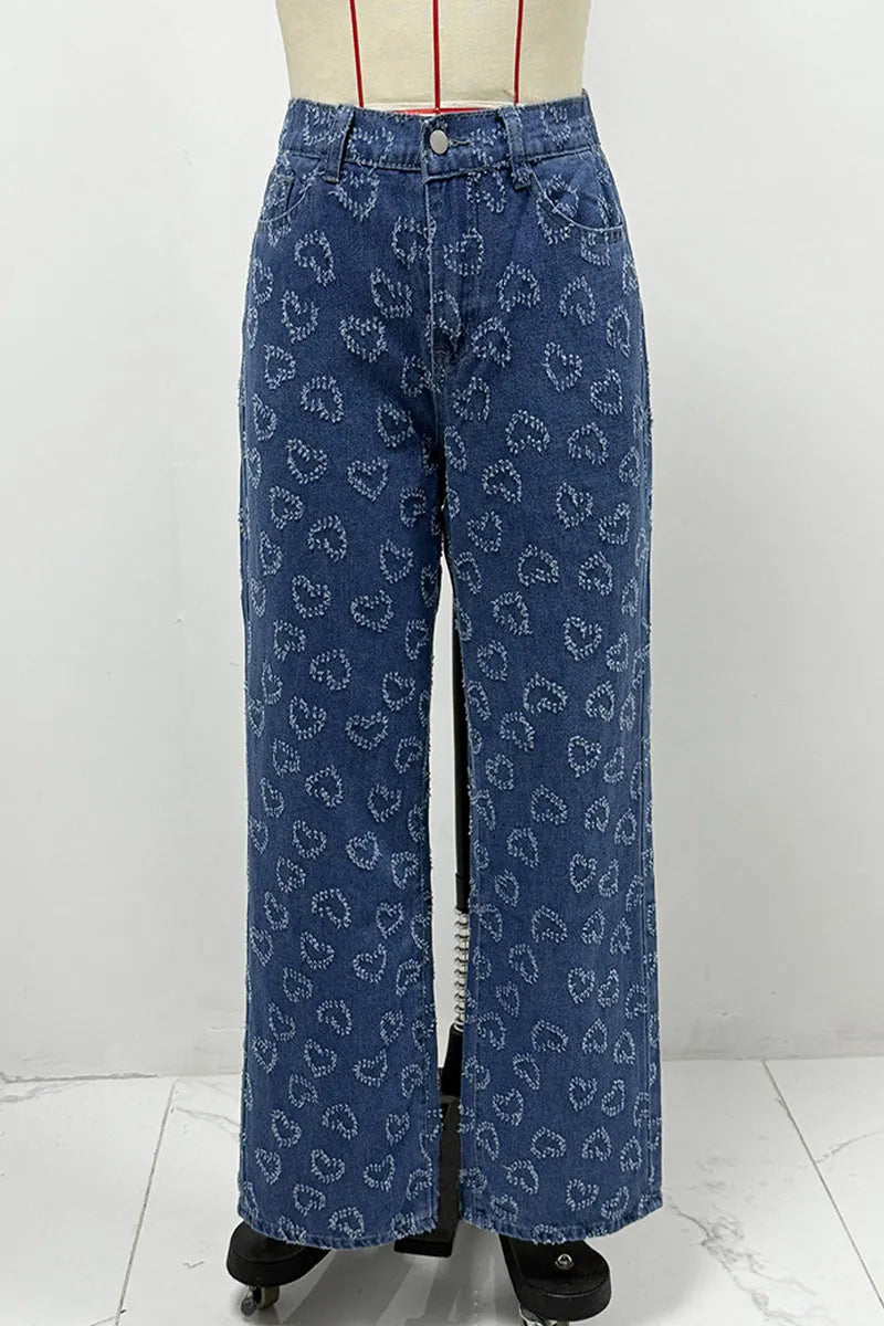 Heart Shaped Distressed Patchwork High Waist Loose Denim Jeans