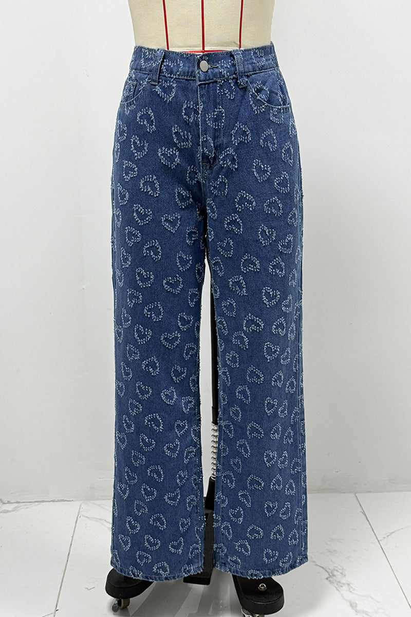 Heart Shaped Distressed Patchwork High Waist Loose Denim Jeans