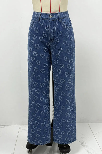 Heart Shaped Distressed Patchwork High Waist Loose Denim Jeans