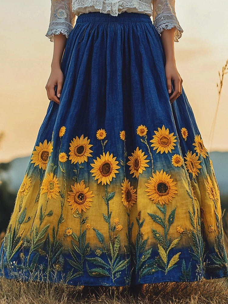 Ethnic Sunflower Embroidered Gradient Linen Maxi Dress elevenforest