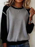 Women's Casual Crew Neck Contrast Waffle Sweatshirt 
