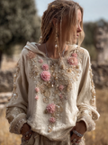 Bohemian Style Round Neck Long Sleeve 3d Floral Design Women's Top elevenforest