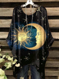 Women's Vintage Mystery Sun Moon Art Print Round Neck Top