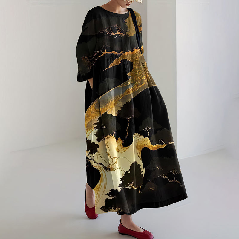 Comstylish Vintage Japanese Art Crew Neck Flowy Linen Maxi Dress