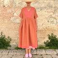 Contrast Color Striped Linen Blend V-neck Dress elevenforest