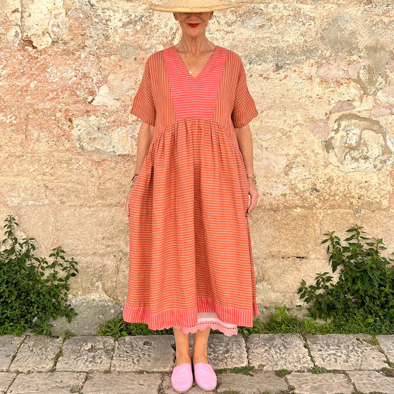 Contrast Color Striped Linen Blend V-neck Dress elevenforest