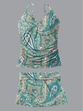 Women's V-Neck Bohemian Floral Print Suspender Skirt Tankini Pantskirt Set Swimsuit