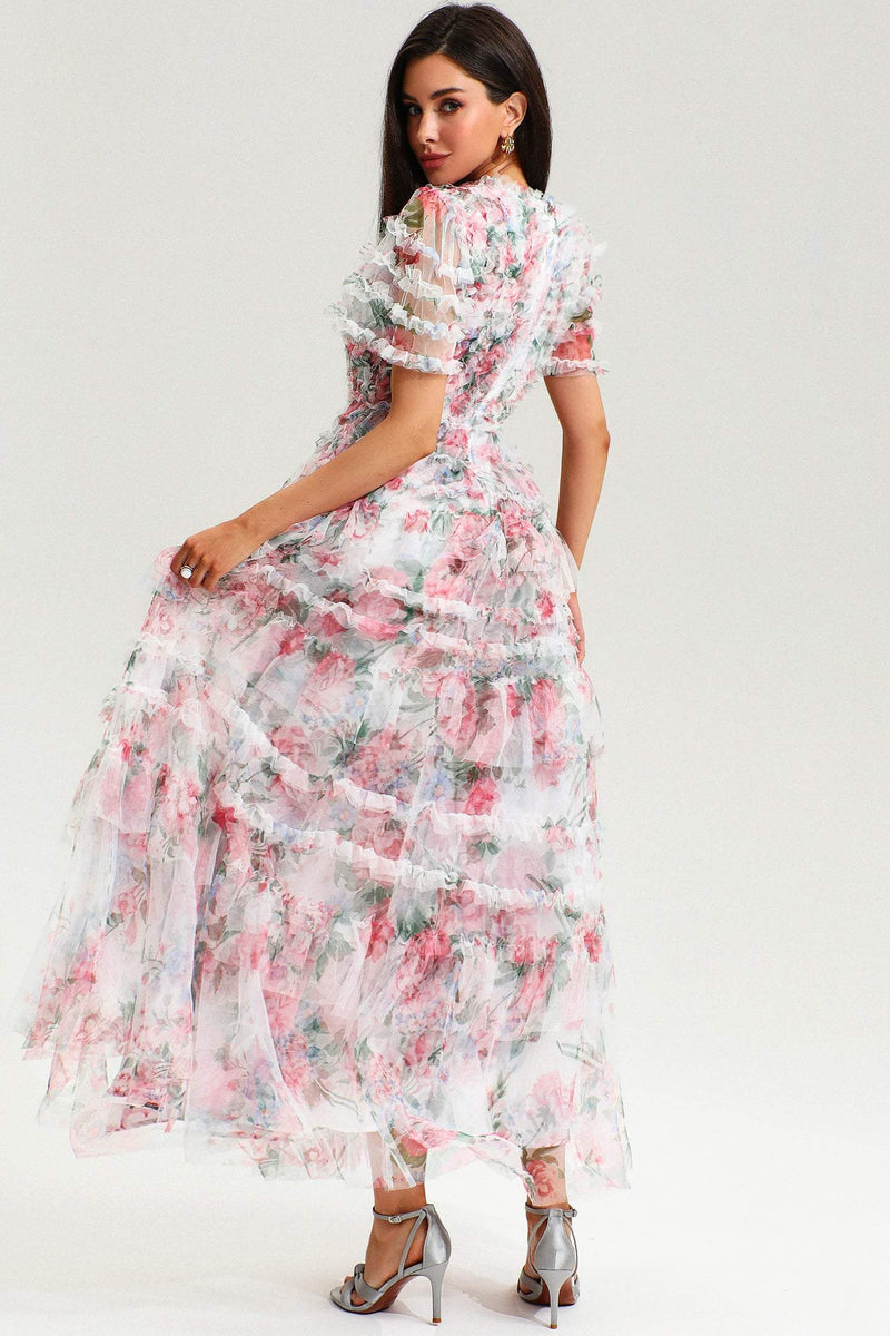 V-neck Short Sleeve Ruffle Tiered Hem Maxi Dress