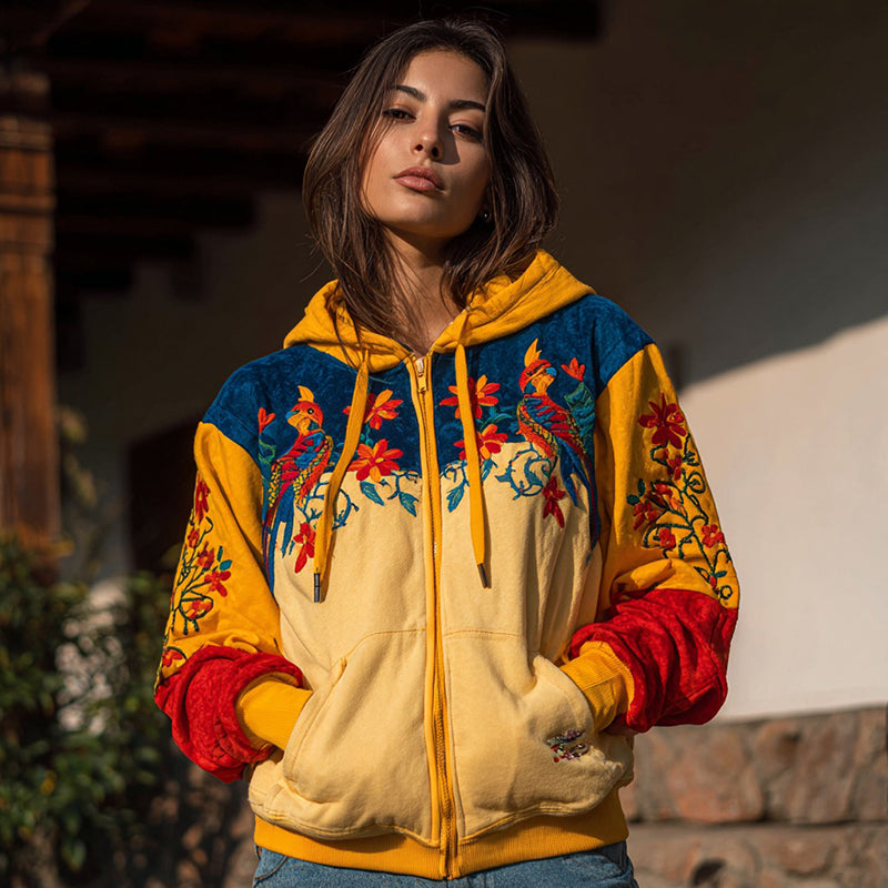 Women's Venezuelan Traditional Floral And Parrot Pattern Casual Zip-up Hoodie elevenforest