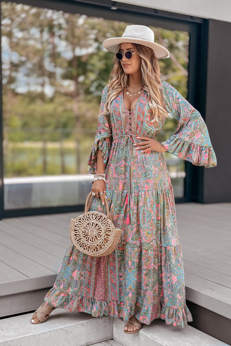 Green Paisley Printed Ruffle Trim Maxi Dress