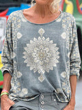 Light blue National style Flowers Women's Art Print Casual Long Sleeve