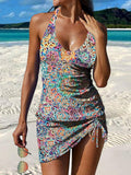 Retro Color Water Ripples Print Pleated Drawstring V-neck Tankini Pantskirt Set Swimsuit