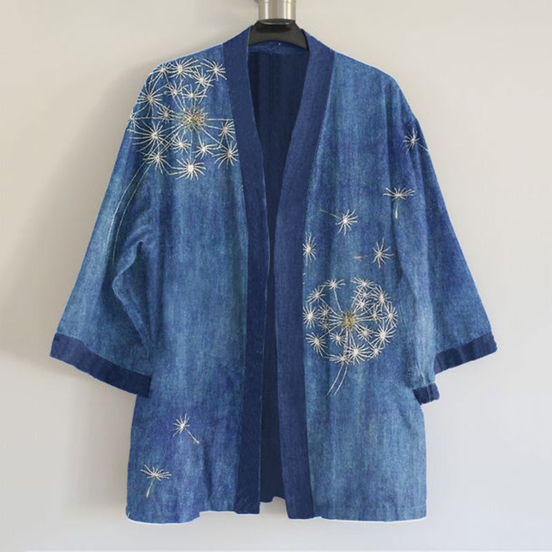 Japanese Traditional Sashiko Dandelion Art Pattern Art Print Linen Blend Kimono Cardigan elevenforest