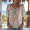 Bohemian Dreamy Ocean Comfortable Linen V-neck Short Sleeve Top elevenforest